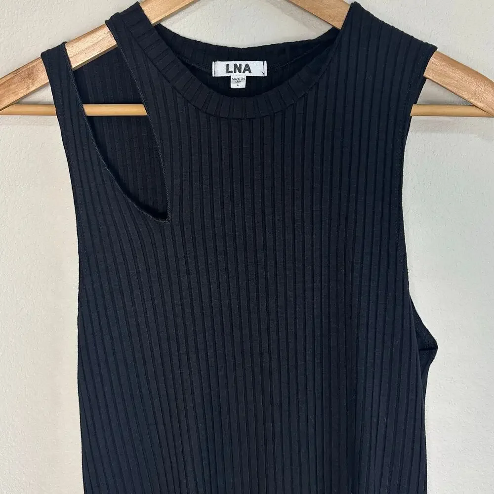 LNA Sleeveless Ribbed Bodycon Dress with Cut Out Detail Large